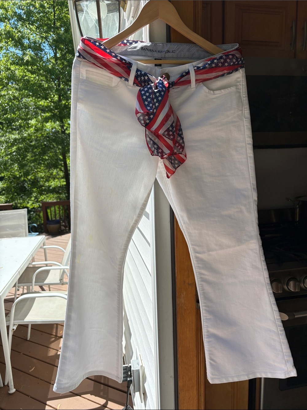 Banana Republic White Flare Jeans with Red & Blue Scarf Accent